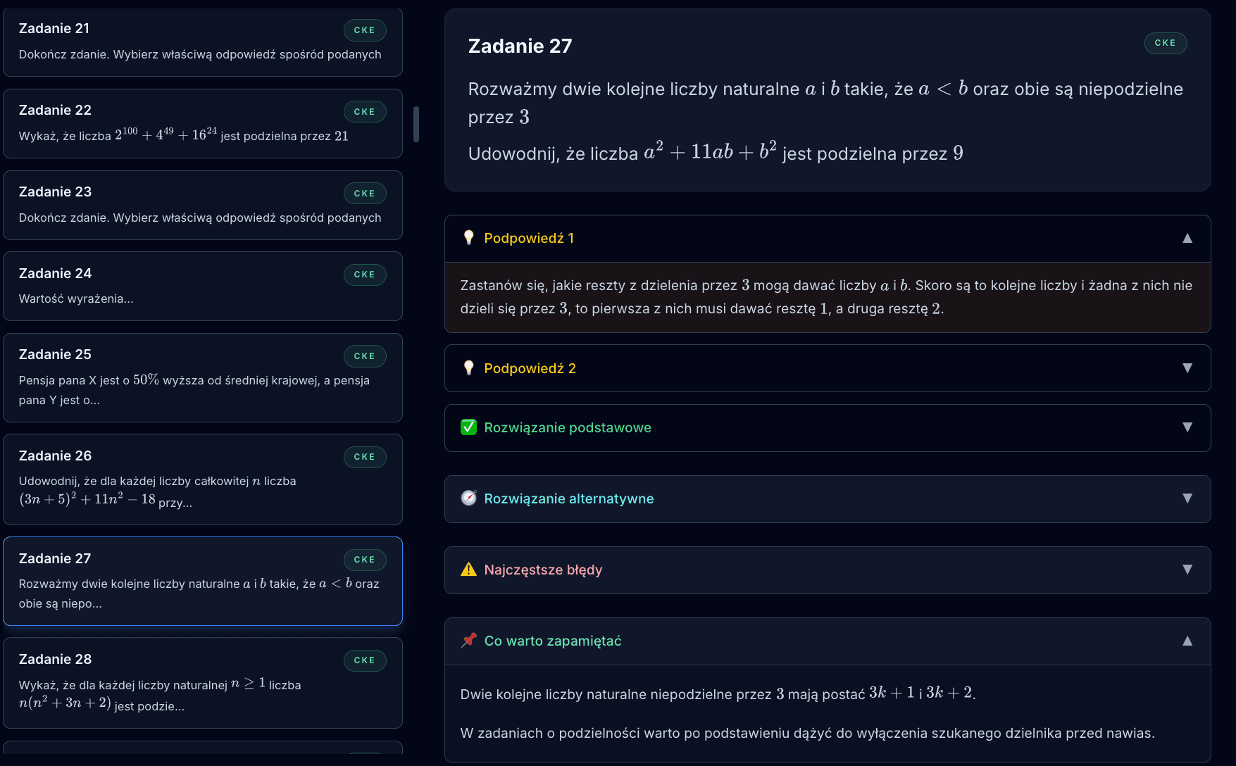 Podgląd zadań z rozwiązaniami krok po kroku i podpowiedziami na platformie Matma-Tyka